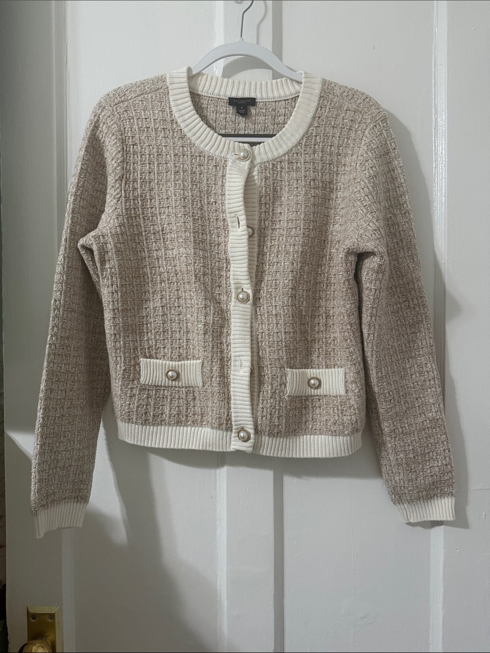Ann Taylor Factory Cream and Ivory Textured Knit Cardigan